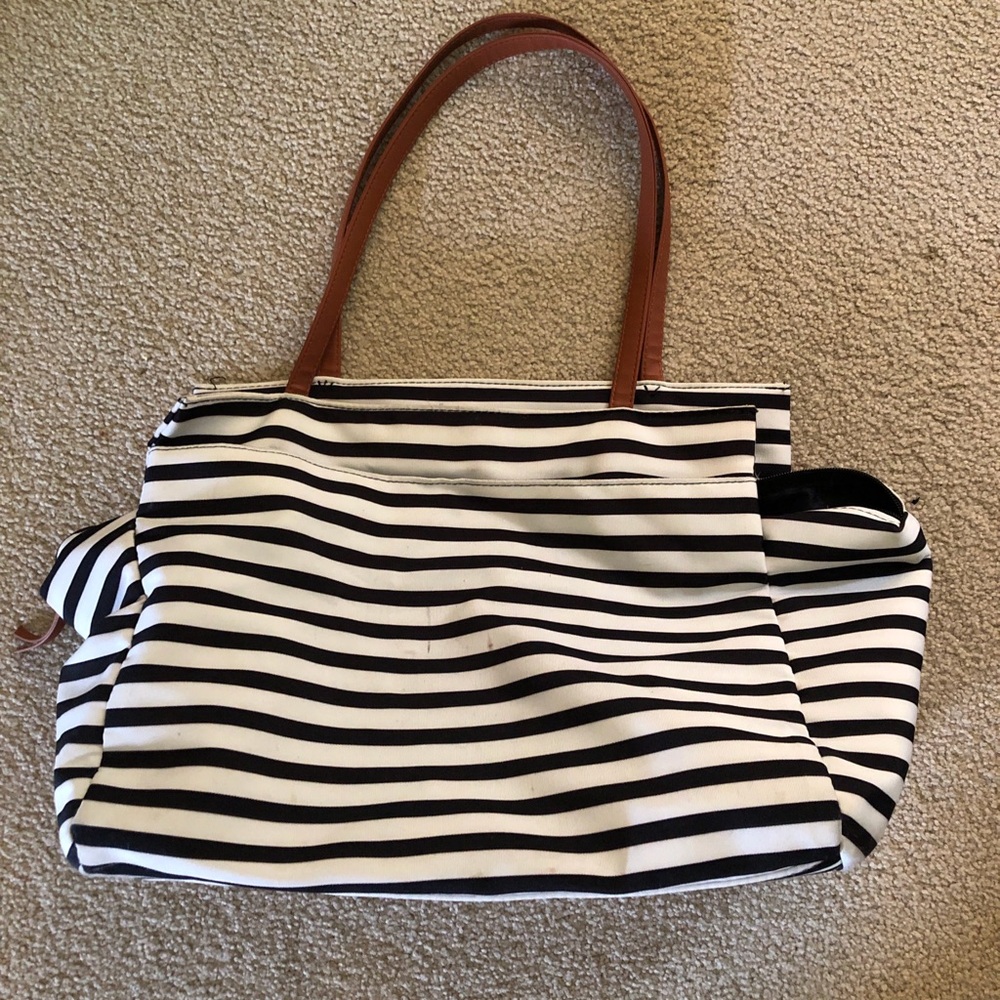 DSW Black & White Striped Tote with Brown Handles